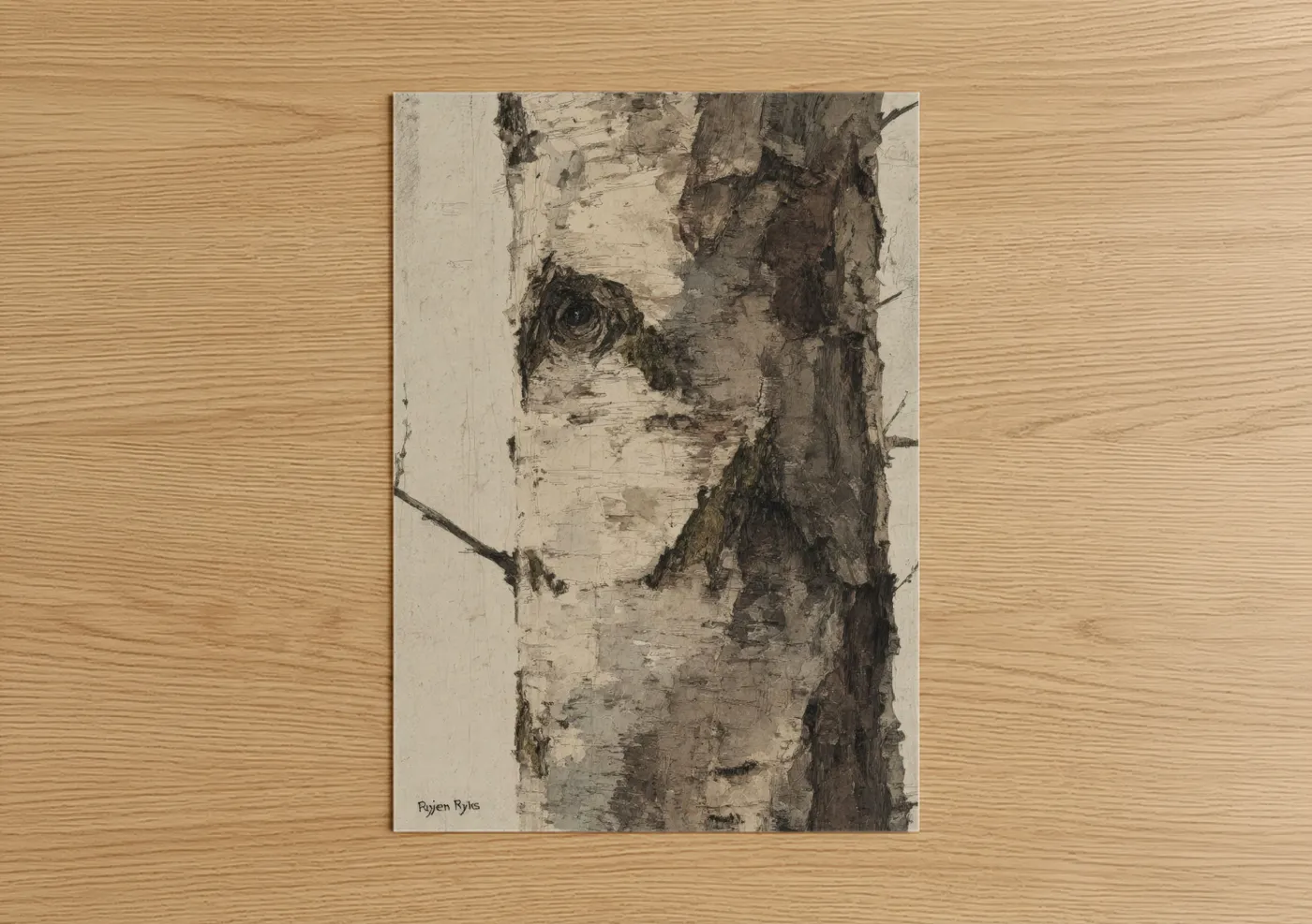 Birch tree art print on warm oak wood — cream and gray palette — Snowy Birch Trunk poster