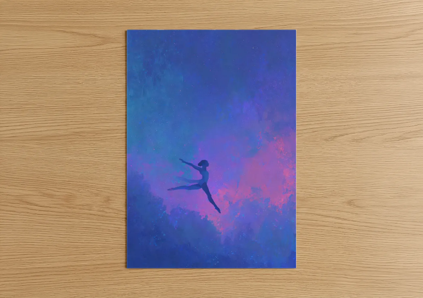 Gymnastics art print on warm oak wood — blue and purple palette — Ethereal Gymnast poster