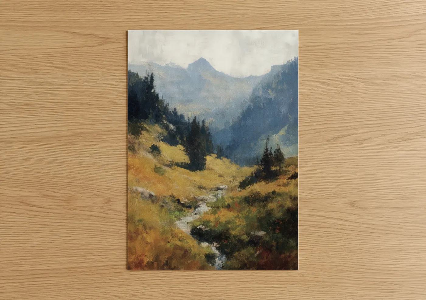 Alps art print on warm oak wood — blue and gold palette — Alpine Valley Stream poster