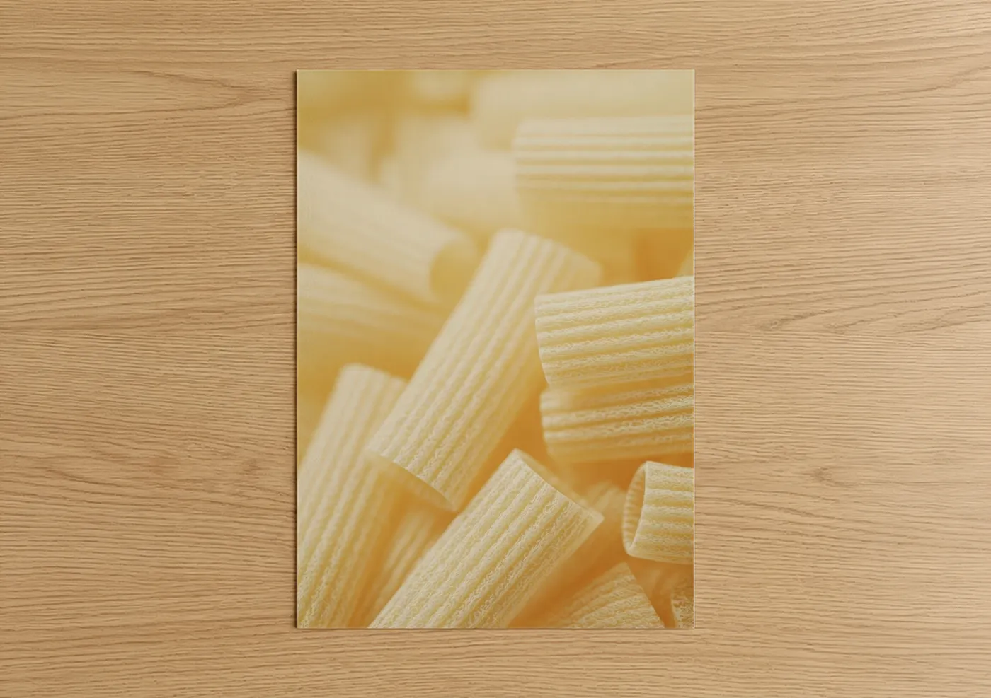 Art print on warm oak wood — gold and cream palette — Penne Pasta Close-up poster