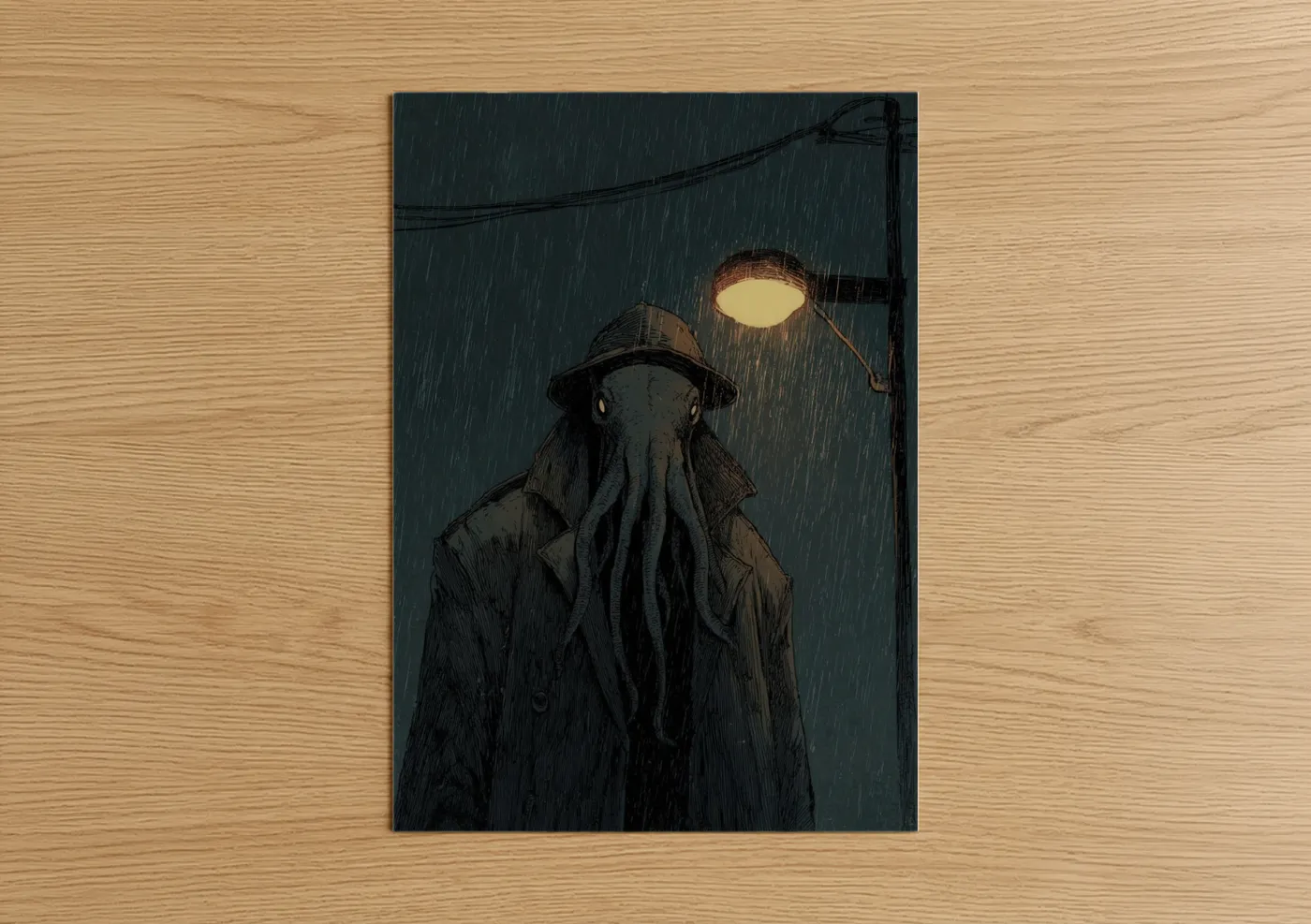 Octopus in Rain Noir Illustration Wall Art