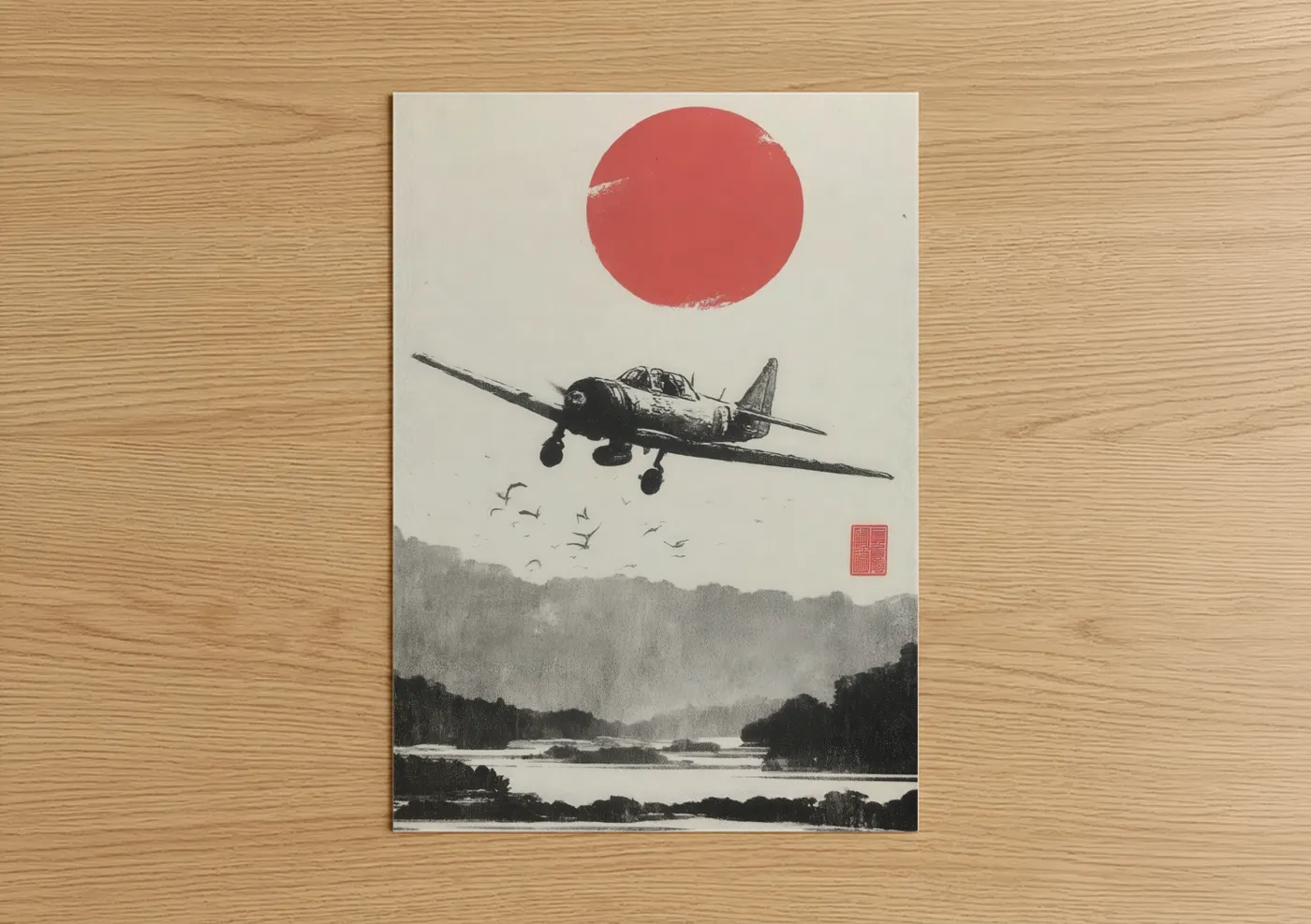 Vintage airplane art print on warm oak wood — black and white and red palette — Rising Sun Warbird poster