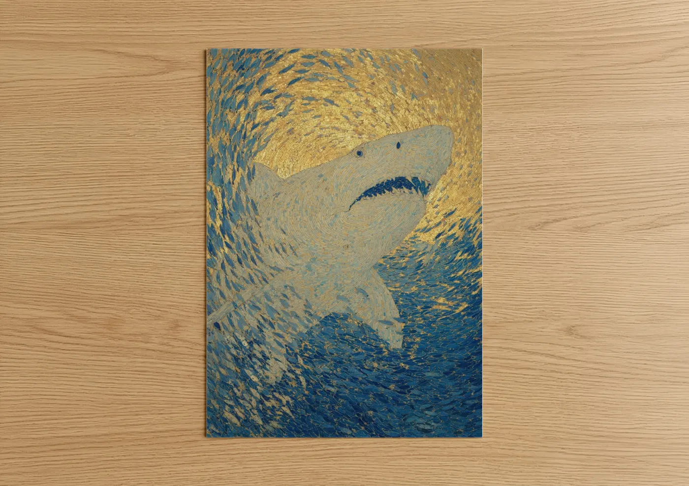Sand tiger shark art print on warm oak wood — gold and blue palette — Golden Shark poster