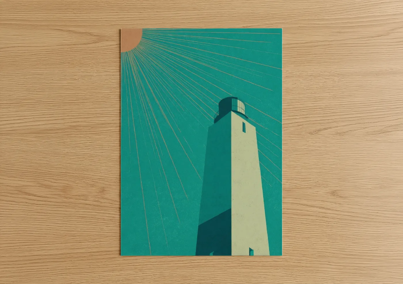 Art print on warm oak wood — turquoise and cream palette — Coastal Lighthouse poster
