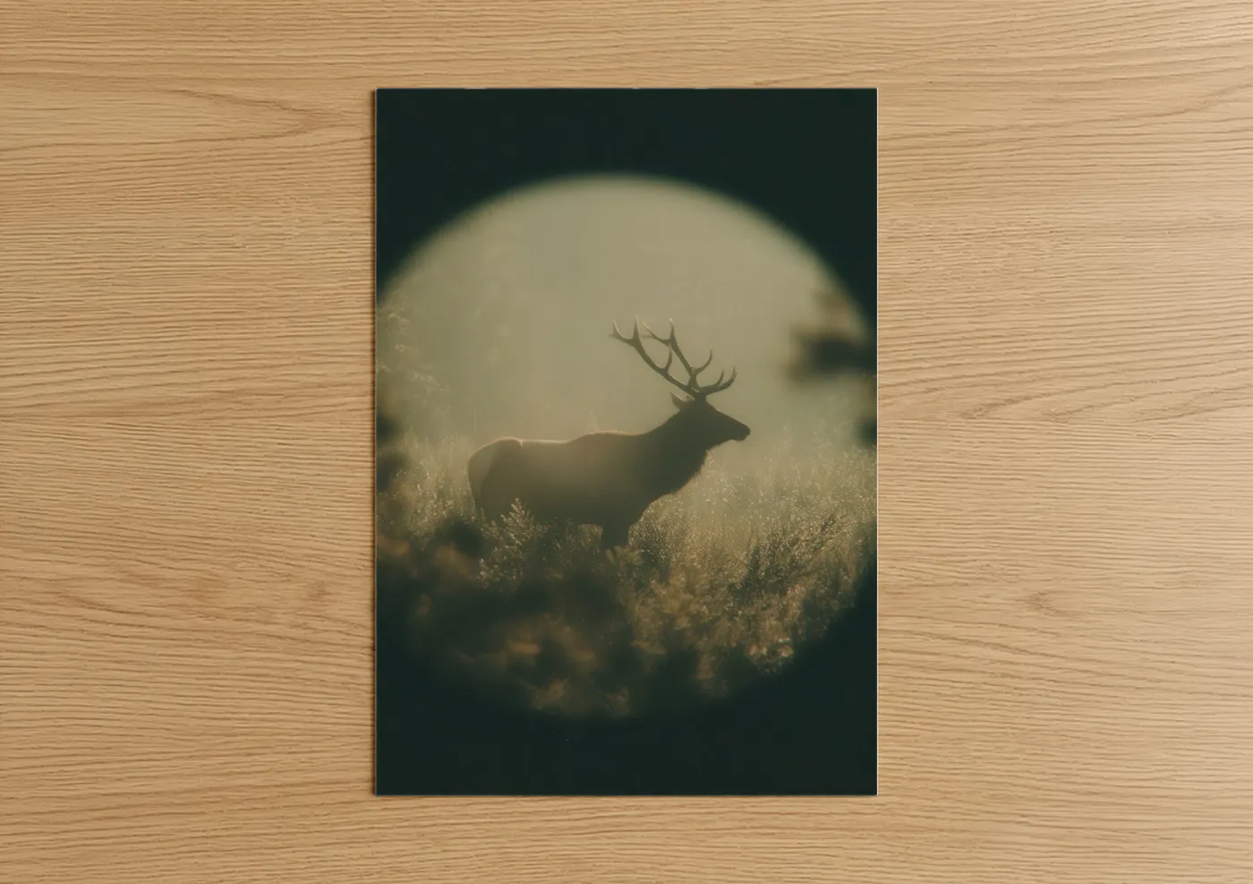 Hunting art print on warm oak wood — gold and black and white palette — Misty Elk Hunt poster