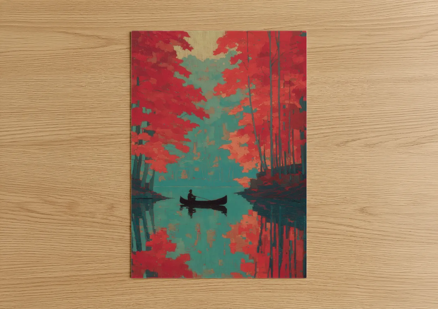 Crimson Kayak Autumn Forest Watercolor Wall Art