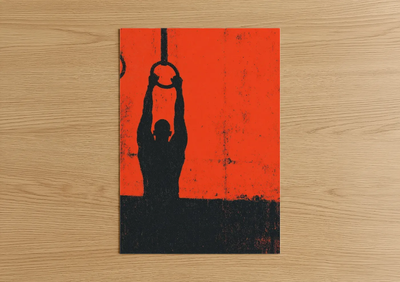 Gymnastics art print on warm oak wood — red and black palette — Rings Athlete poster