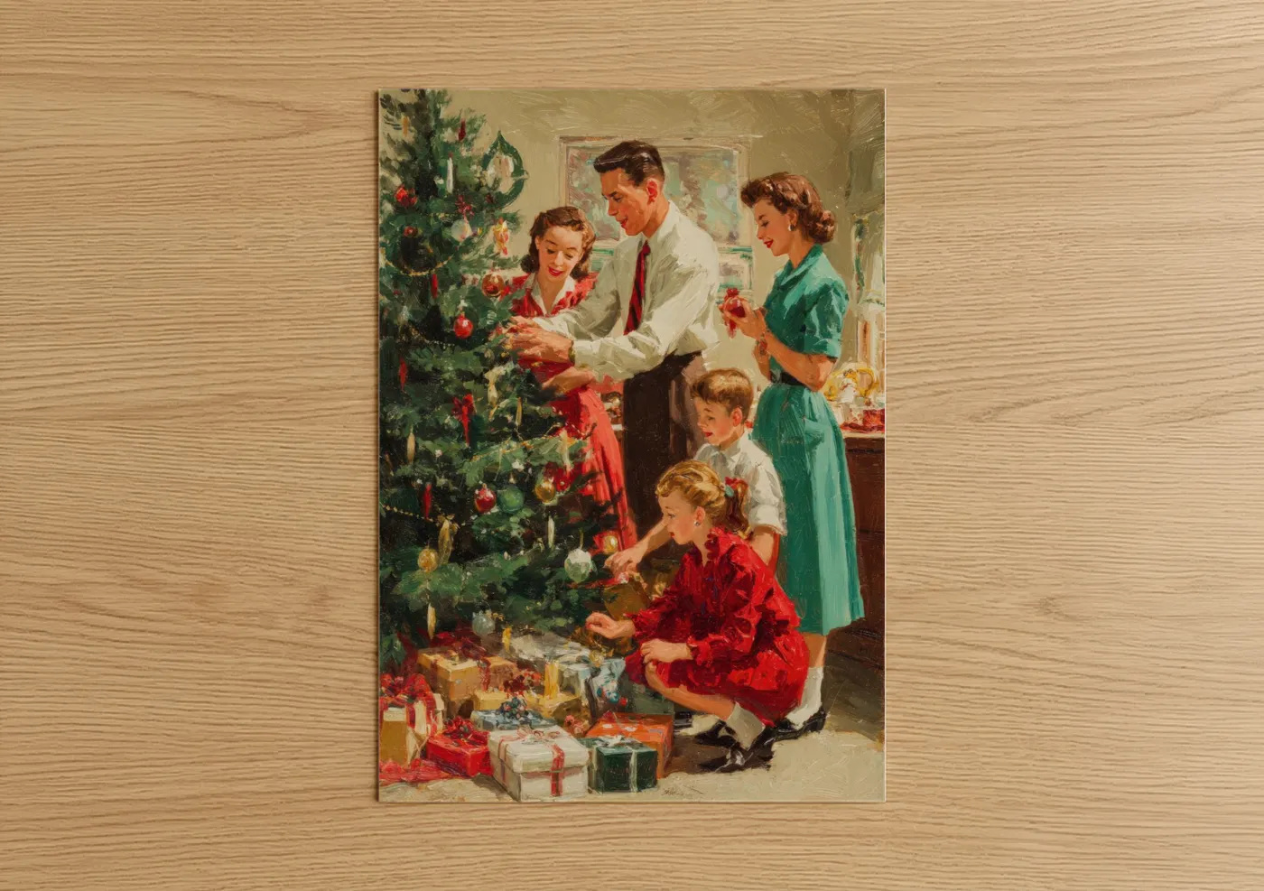 Retro Family Christmas Tree Decorating Wall Art