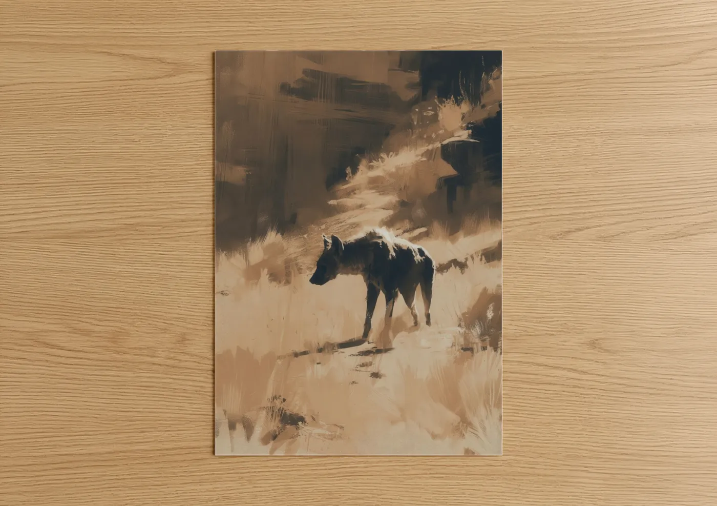 Art print on warm oak wood — gold and black palette — Desert Hyena poster