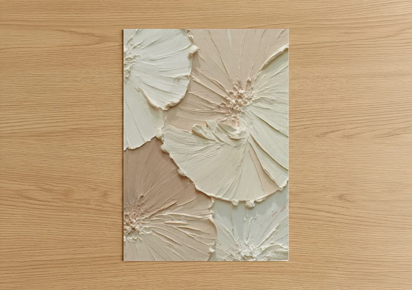 Abstract minimalist art print on warm oak wood — cream and white palette — Textured Petals poster