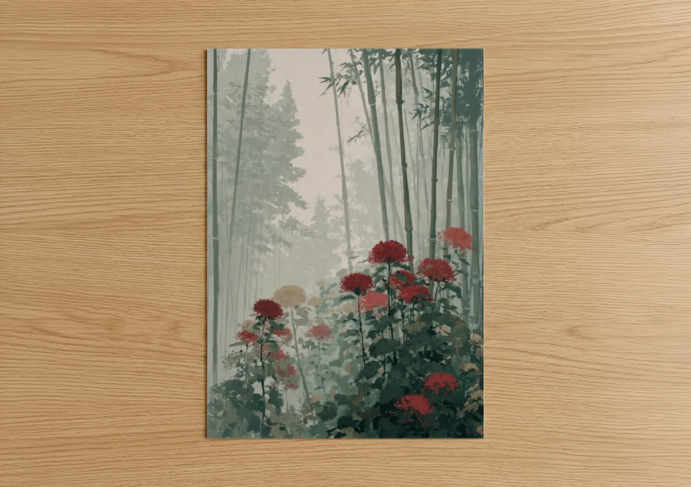 Art print on warm oak wood — red and sage green palette — Misty Chrysanthemum Garden poster