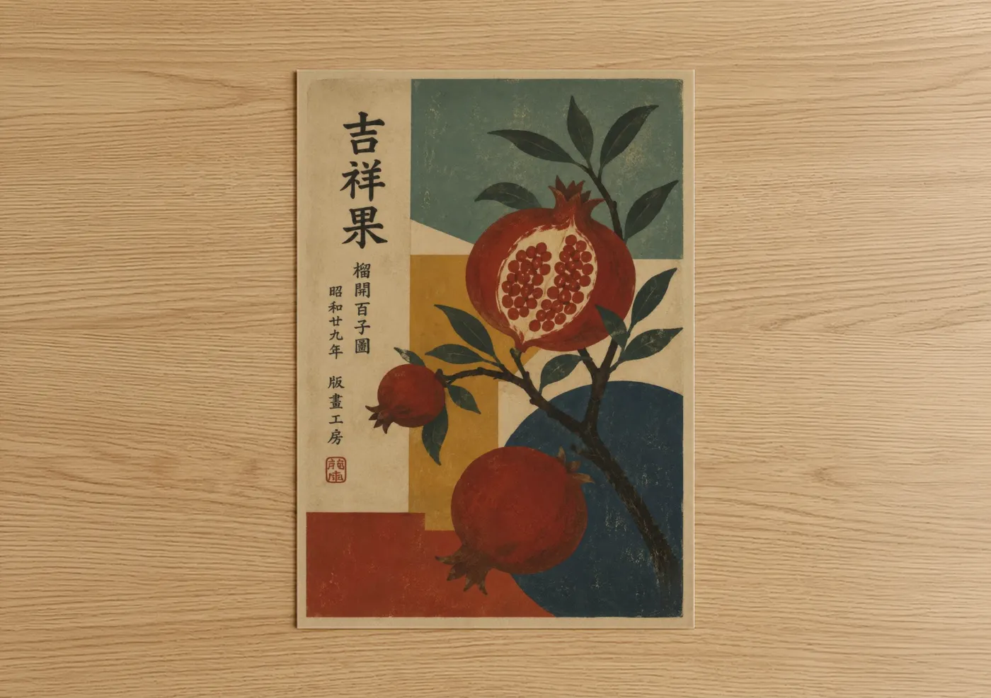 Fruit art print on warm oak wood — red and beige palette — Vintage Pomegranate Botanical Wall Art poster