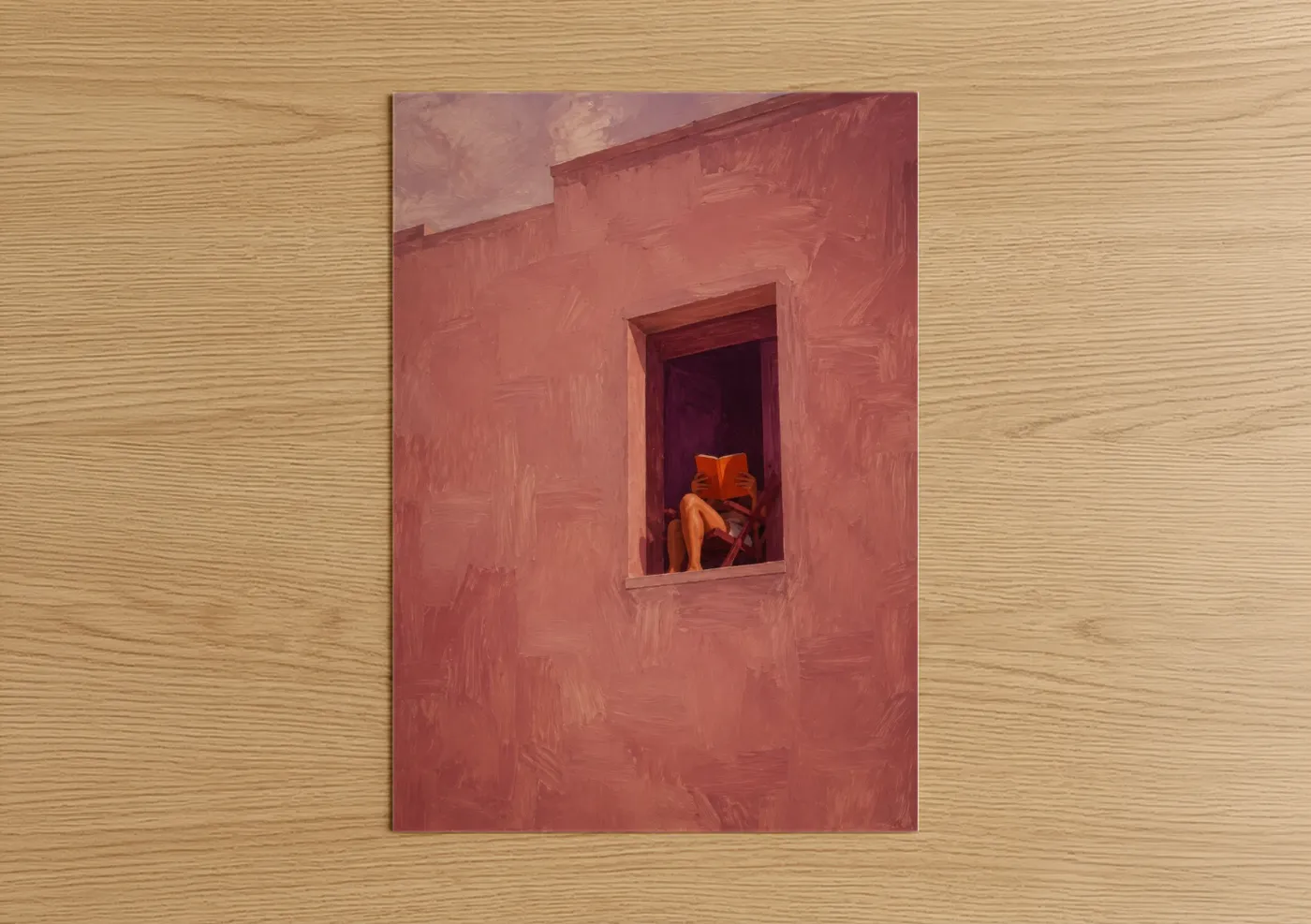 Art print on warm oak wood — salmon pink and peach palette — Pink Window Reading Moment Wall Art poster