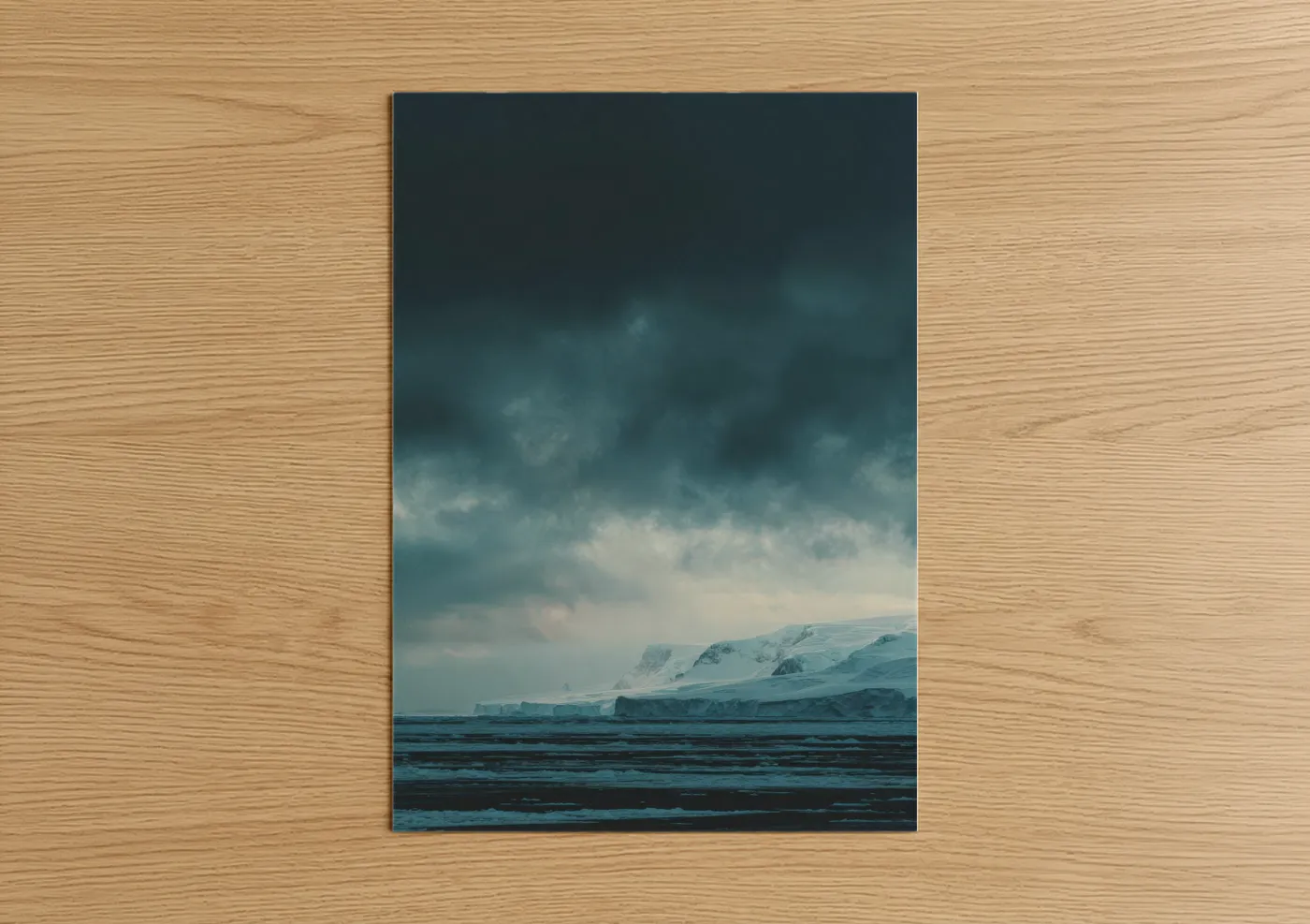 Glacier art print on warm oak wood — teal and gray palette — Frozen Shoreline poster