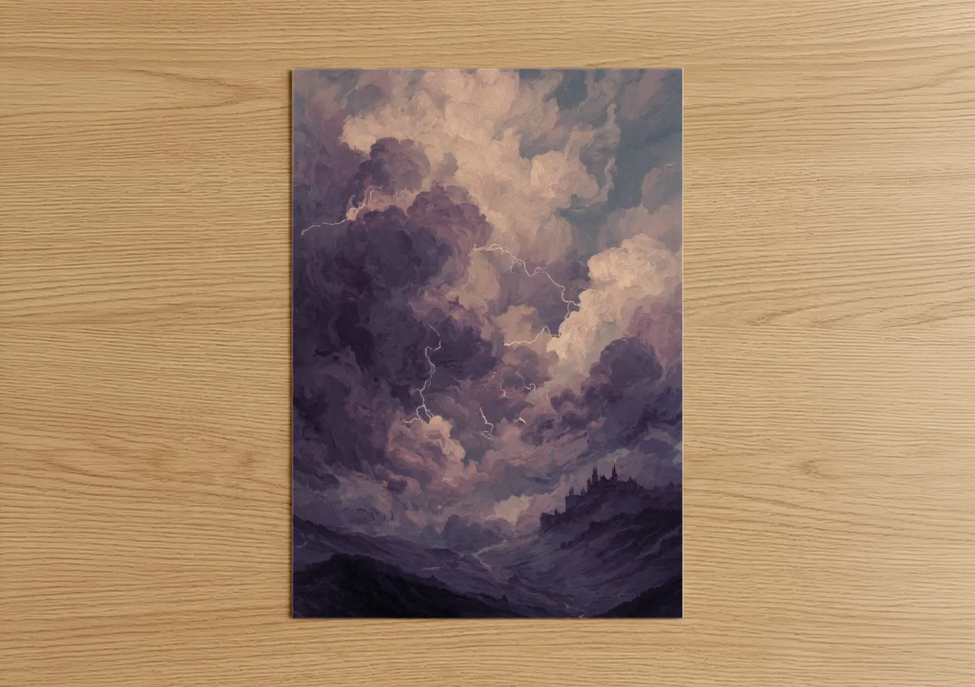 Storm art print on warm oak wood — purple and cream palette — Tempest Castle poster