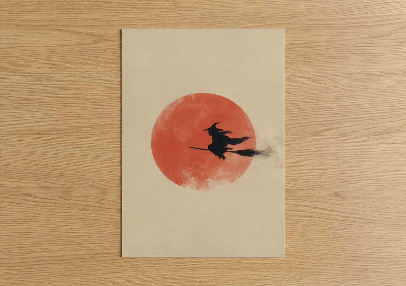 Witch Silhouette Red Moon Watercolor Wall Art