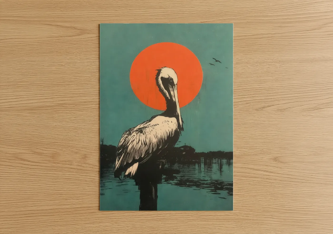 Sunset Pelican Orange Sun Coastal Wall Art