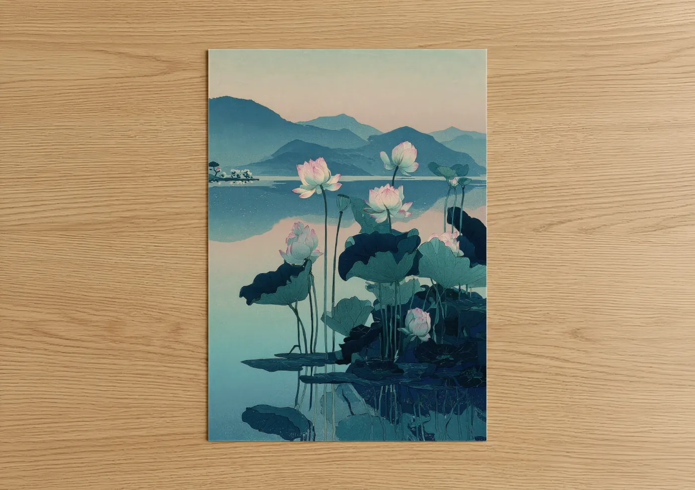 Lotus flowers mountain lake landscape Wall Art