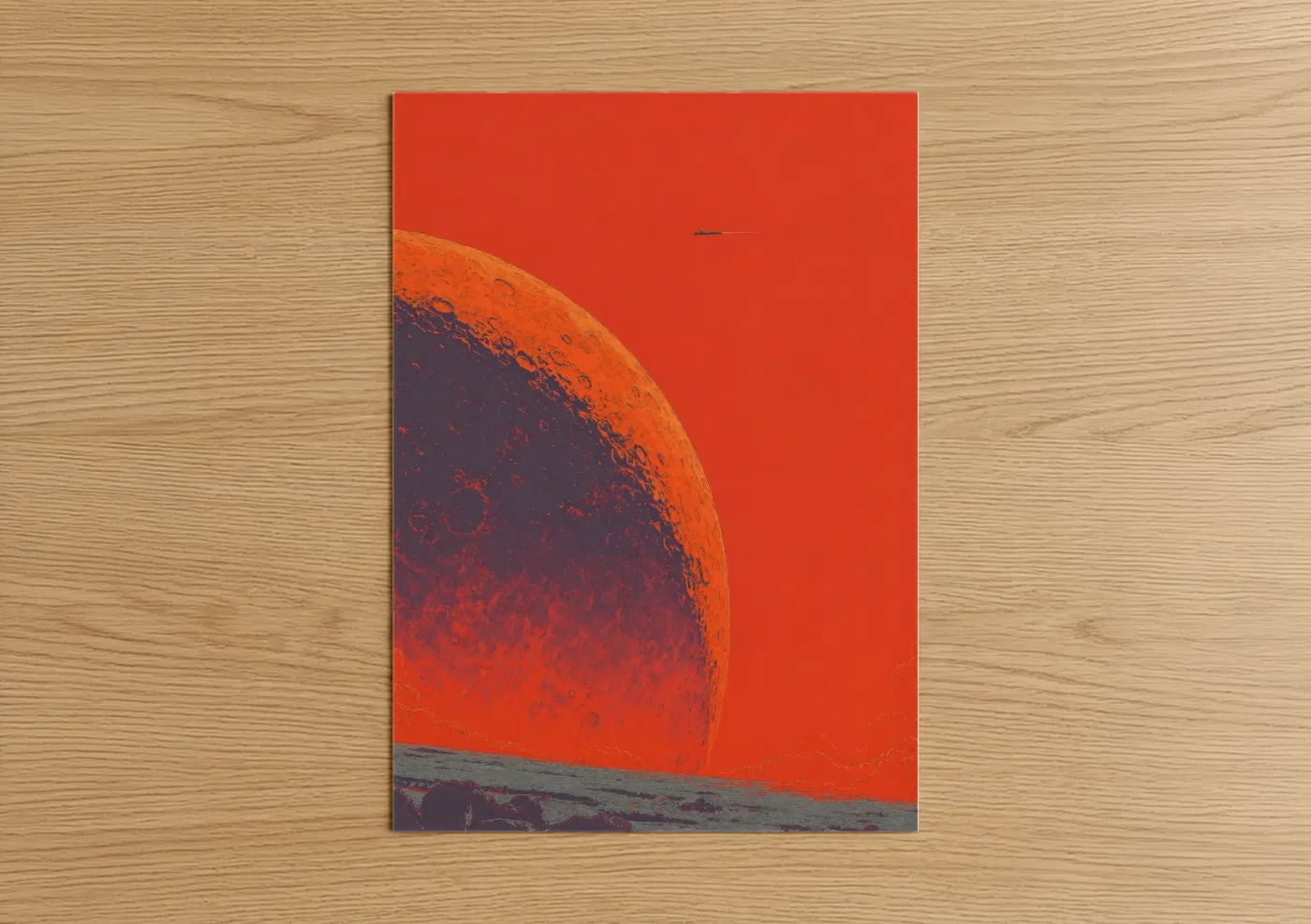 Solar system art print on warm oak wood — red and orange palette — Crimson Planet Rise poster
