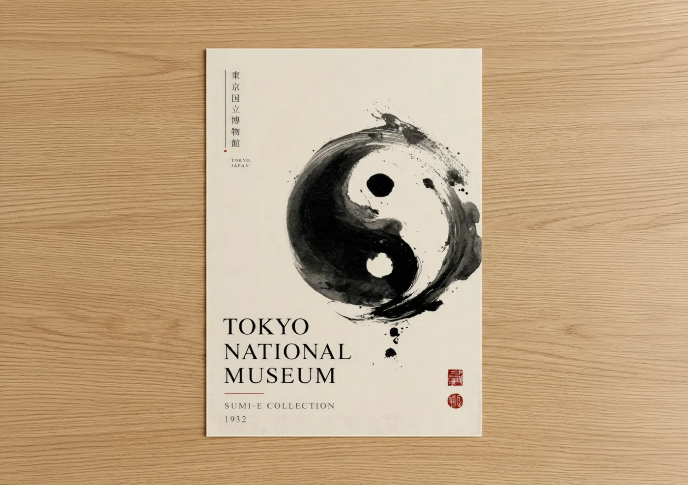 Religion and spirituality art print on warm oak wood — black and white and beige palette — Yin Yang Zen Museum Wall Art poster