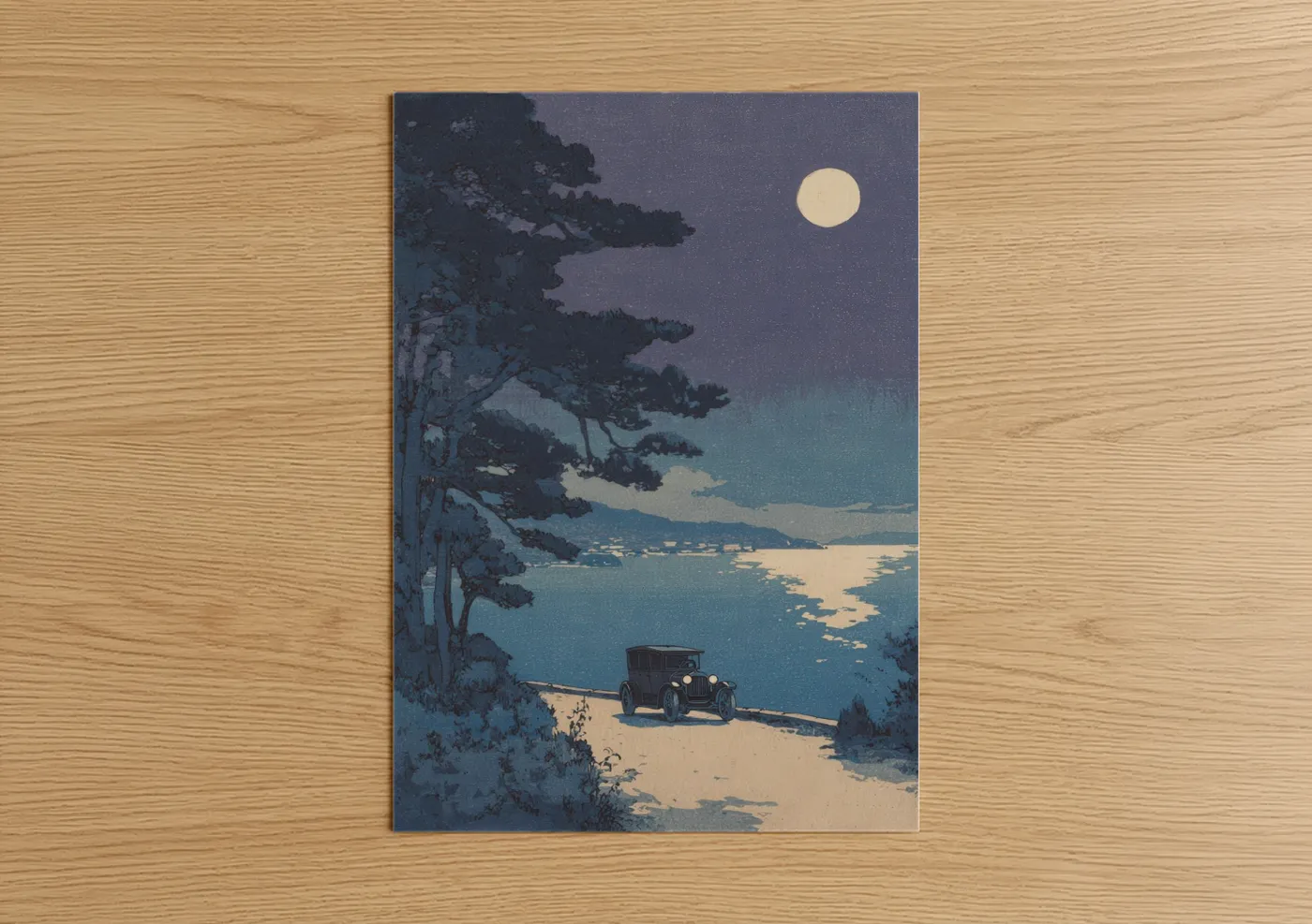 Vintage Car Moonlit Lake Scene Wall Art