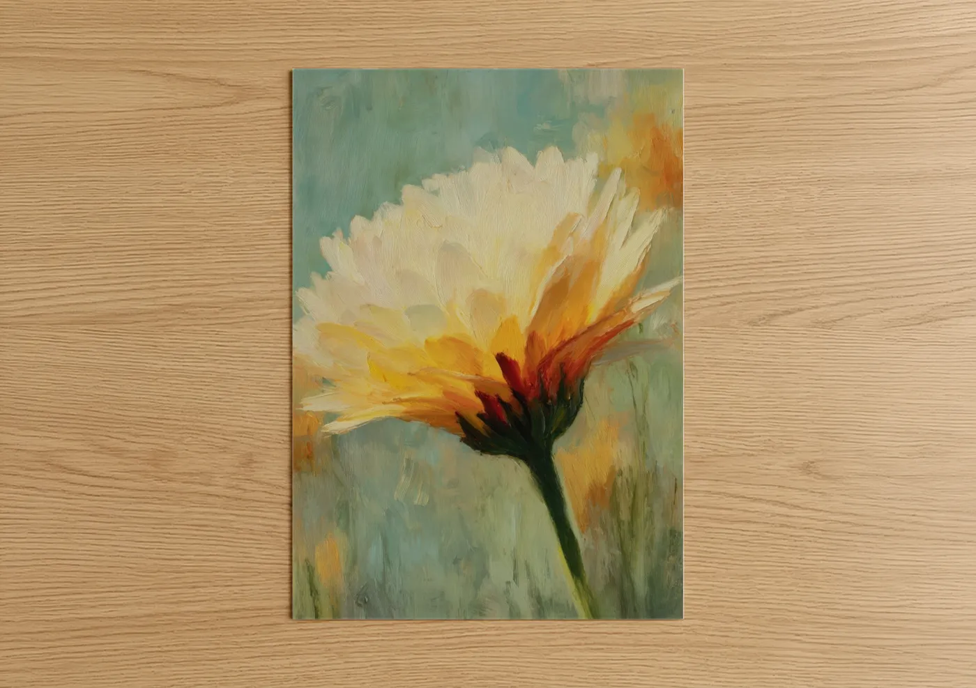 Art print on warm oak wood — gold and sage green palette — Sunlit Daisy poster