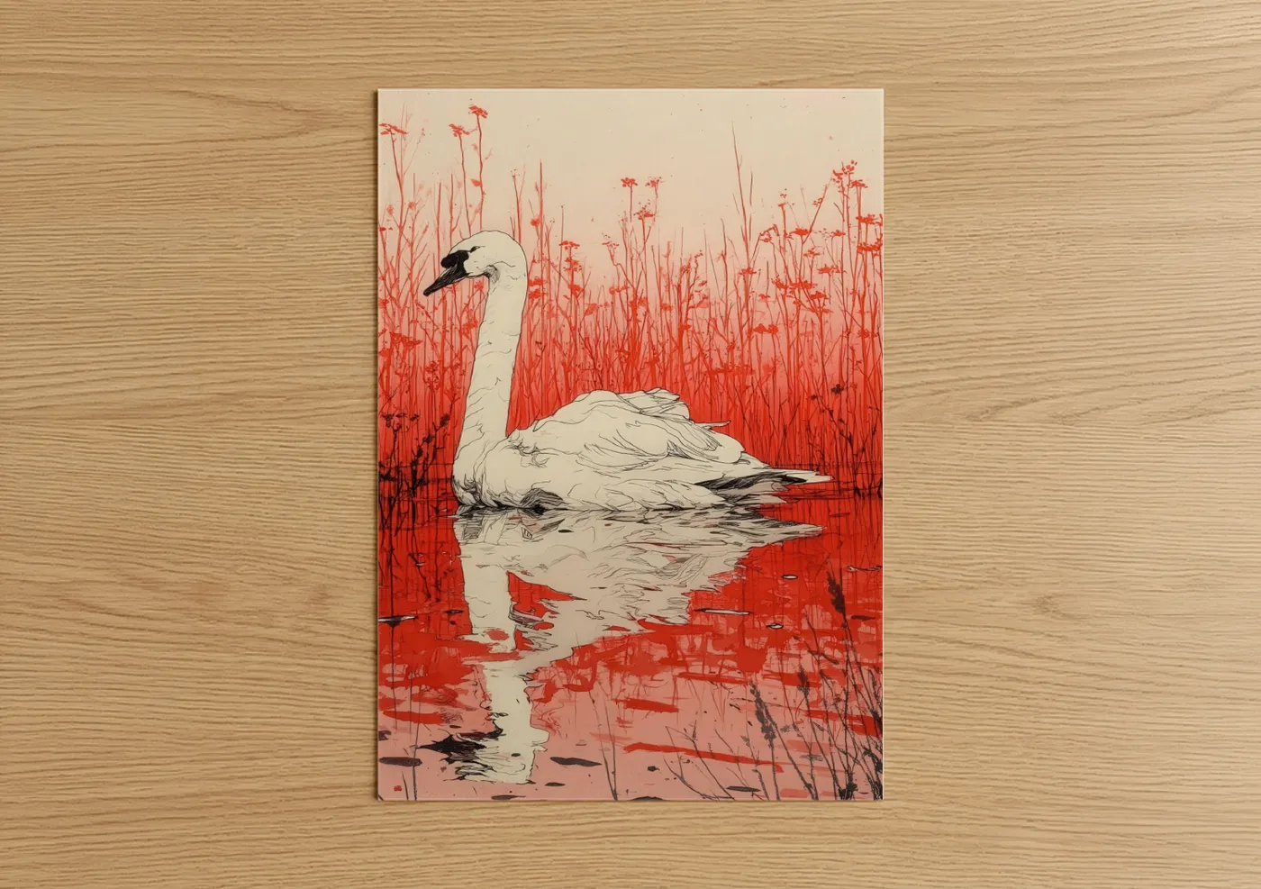 Art print on warm oak wood — red and white palette — Crimson Swan poster