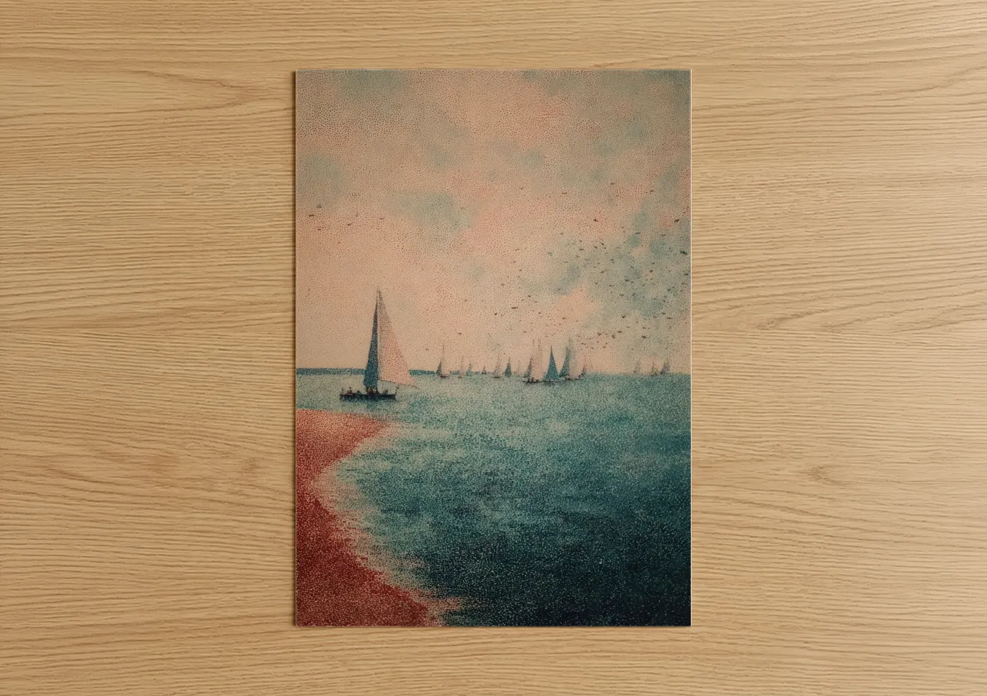 Sailing ship art print on warm oak wood — peach and teal palette — Regatta Dawn poster