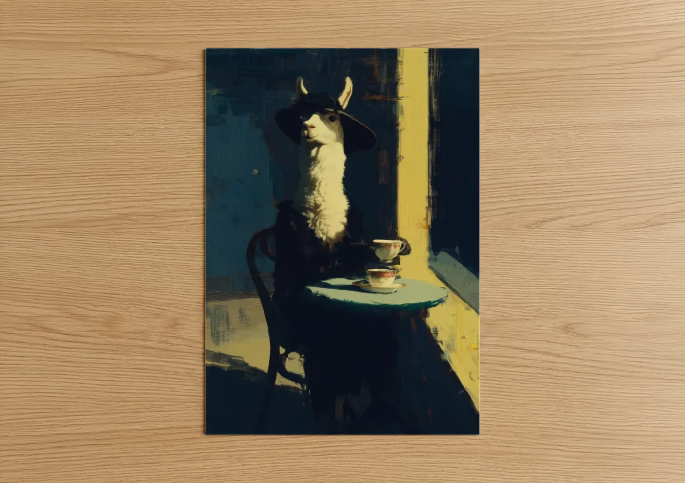 Art print on warm oak wood — dark blue and gold palette — Contemplative Llama poster
