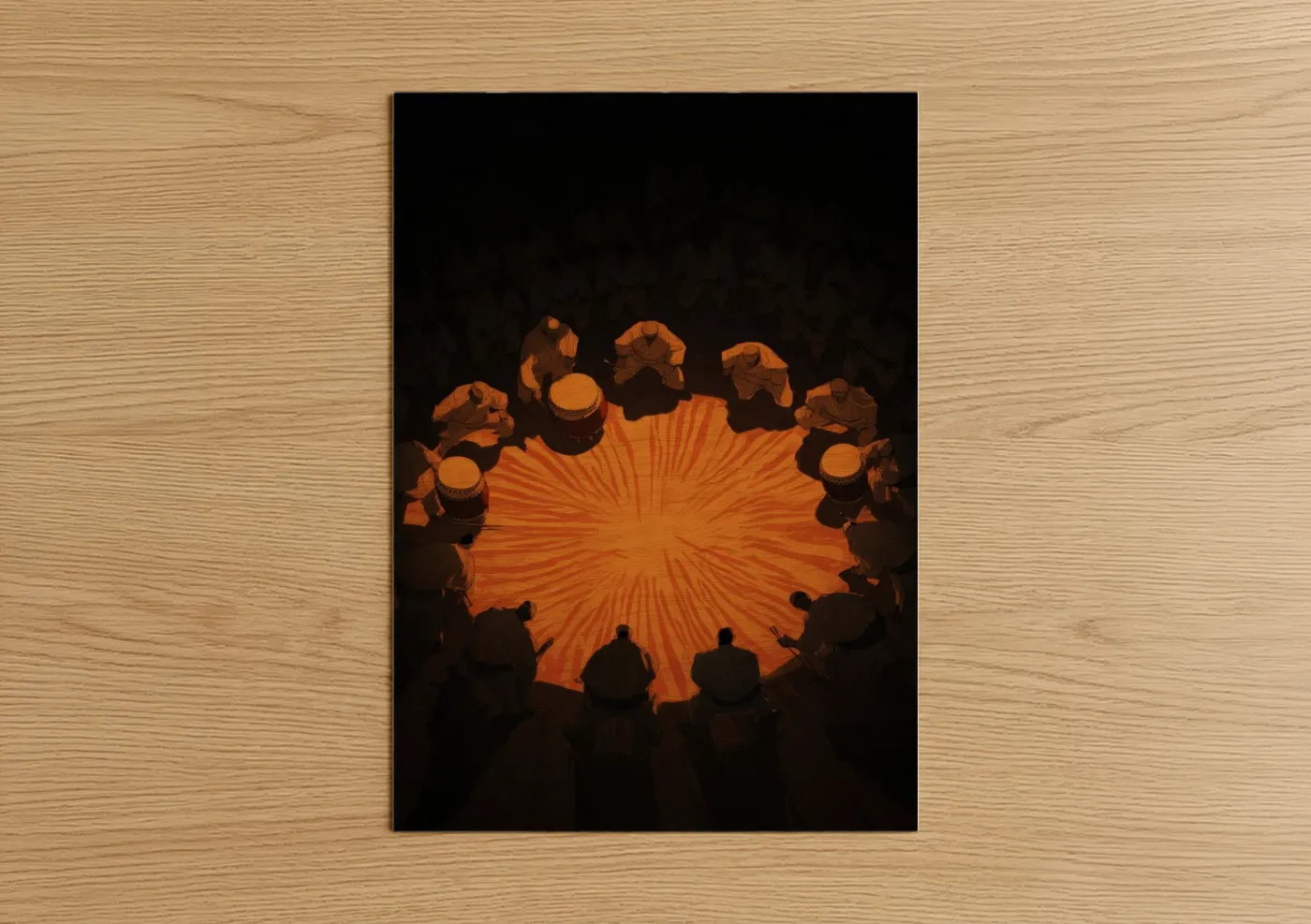 Art print on warm oak wood — orange and black palette — Capoeira Circle poster