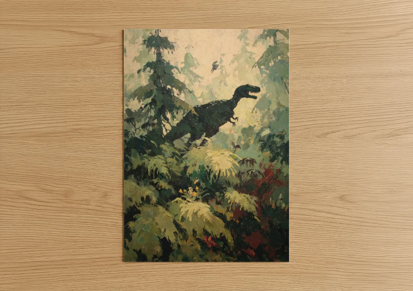 Dinosaur art print on warm oak wood — green and cream palette — Prehistoric Jungle Prowler poster