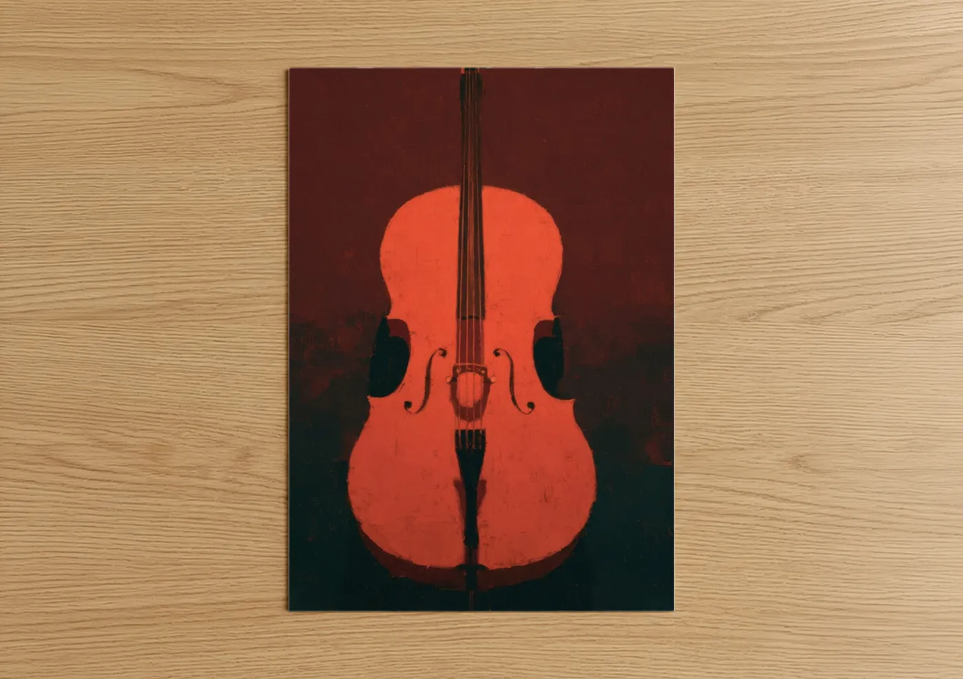 Art print on warm oak wood — red and maroon palette — Crimson Cello poster