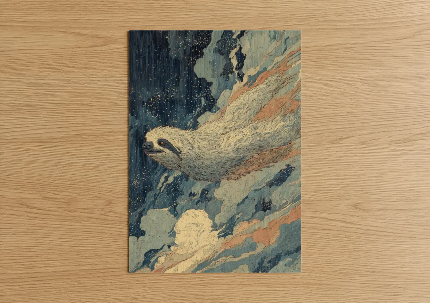 Art print on warm oak wood — dark blue and cream palette — Celestial Sloth poster