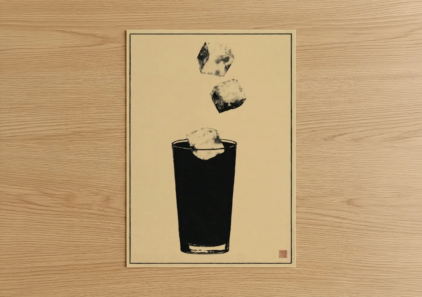 Art print on warm oak wood — black and white and cream palette — Iced Tea Minimalist poster