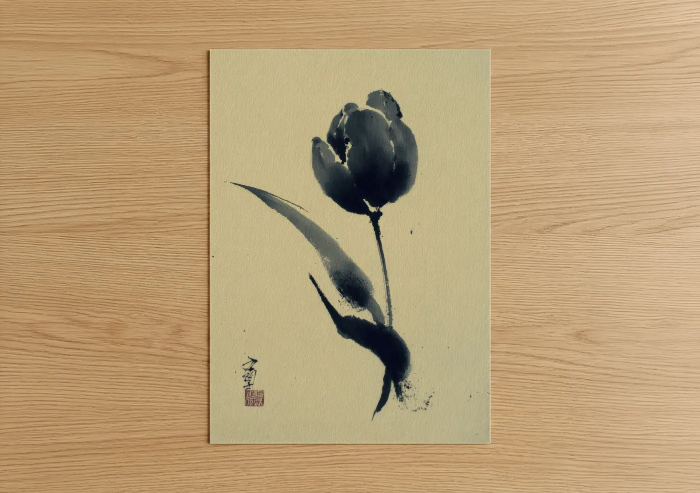 Art print on warm oak wood — cream and black palette — Midnight Tulip poster