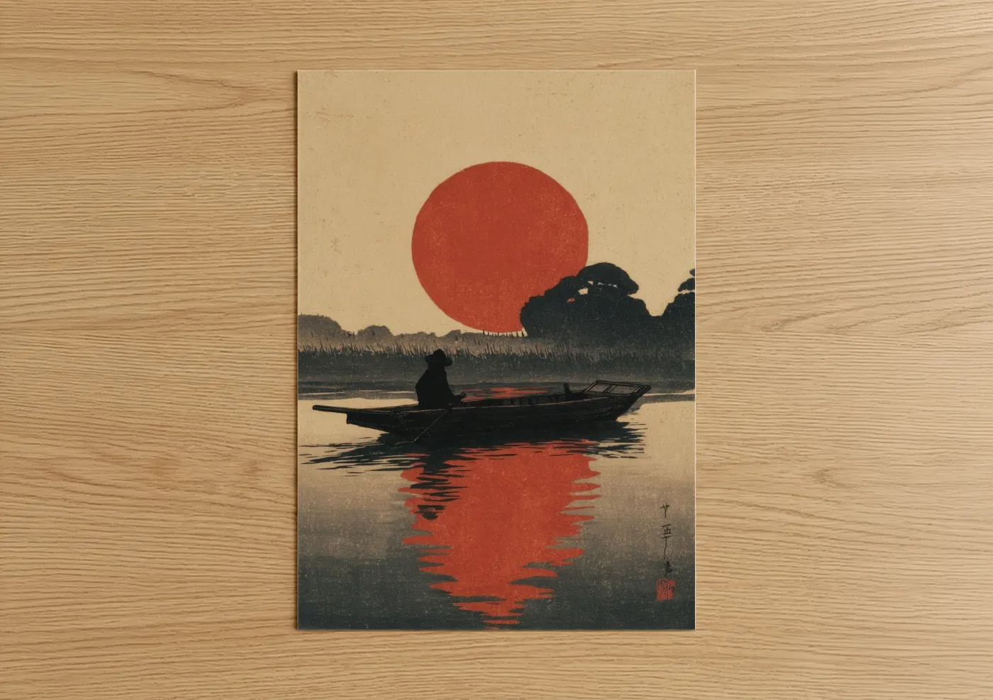 Crimson Sunset Boatman Japanese Wall Art