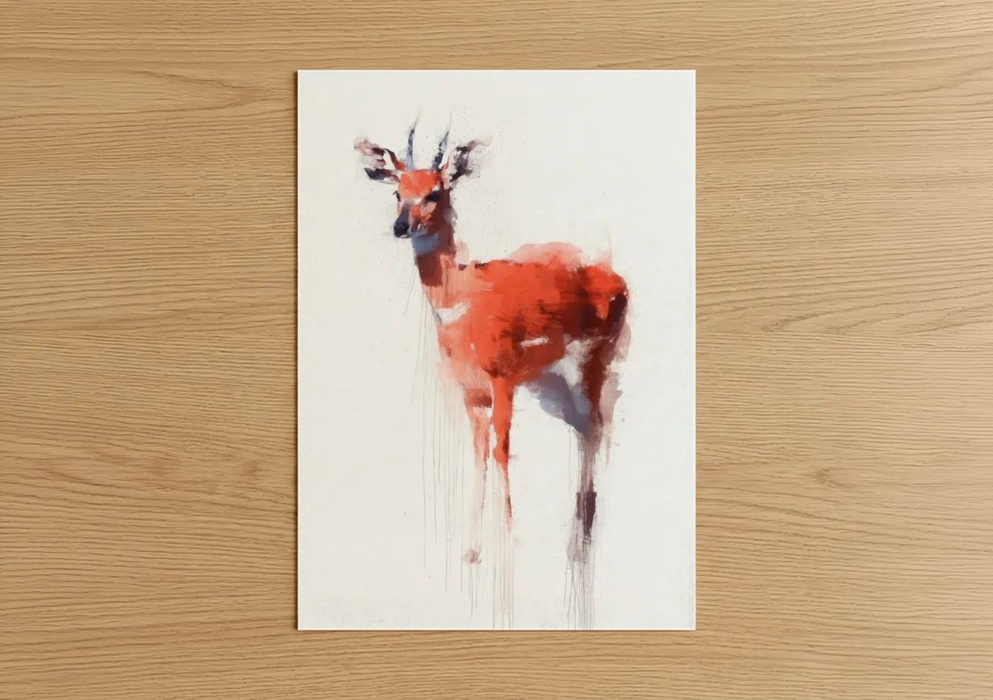 Art print on warm oak wood — red and white palette — Crimson Antelope poster