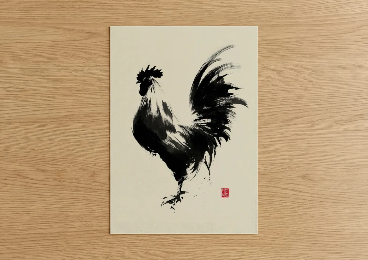 Chicken and roosters art print on warm oak wood — black and white and cream palette — Brushstroke Rooster poster