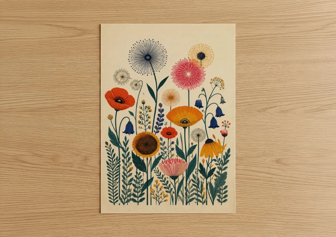 Flower art print on warm oak wood — orange and beige palette — Botanical Garden Meadow Wall Art poster