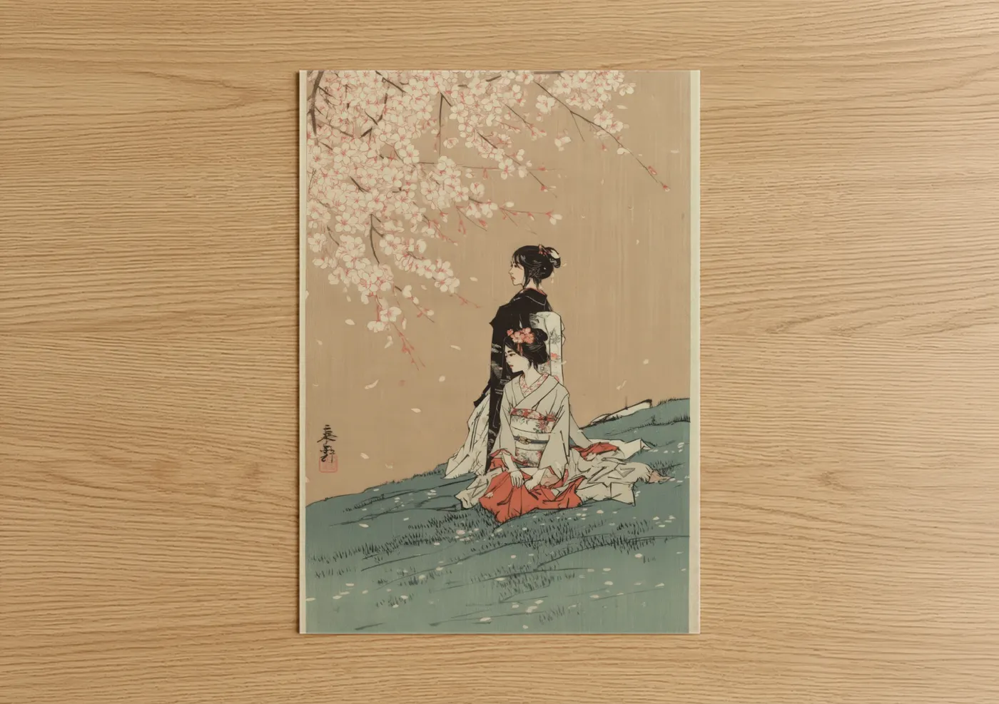 Cherry blossoms art print on warm oak wood — cream and sage green palette — Cherry Blossom Contemplation poster