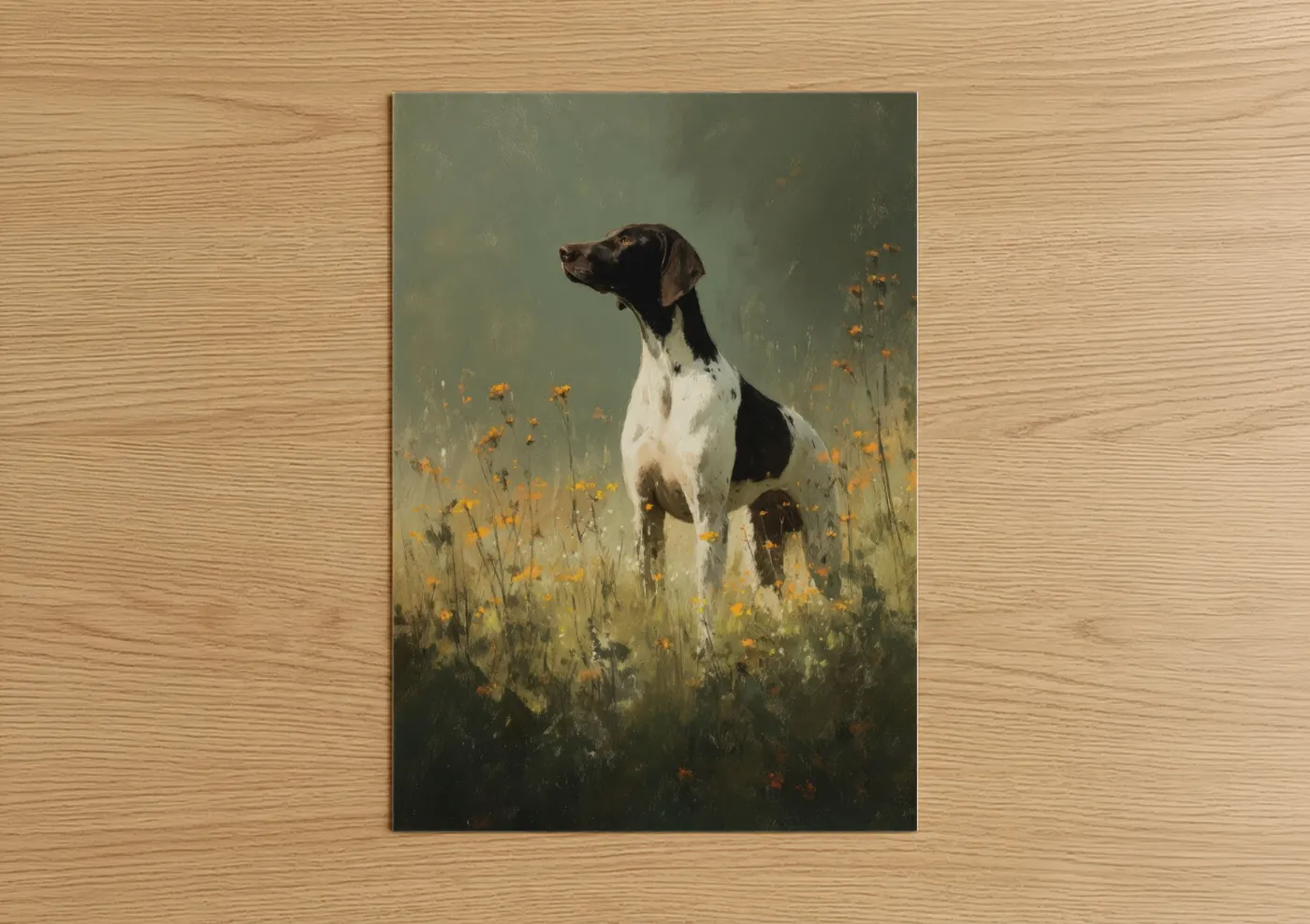 Hunting art print on warm oak wood — sage green and gold palette — Pointer In Bloom poster