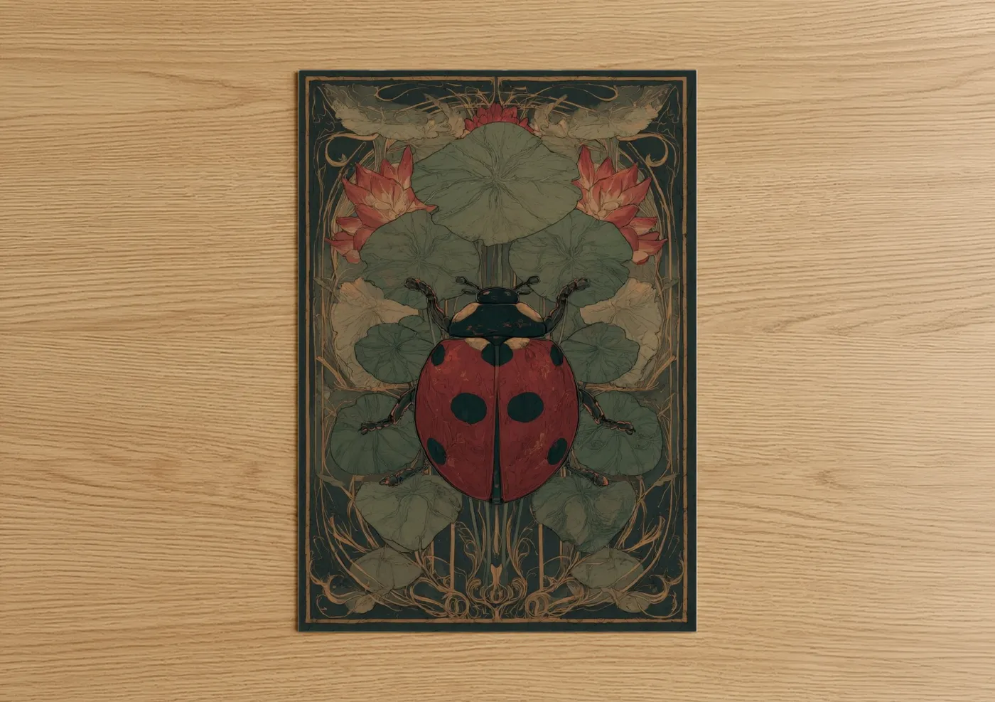 Art print on warm oak wood — red and sage green palette — Garden Ladybug poster