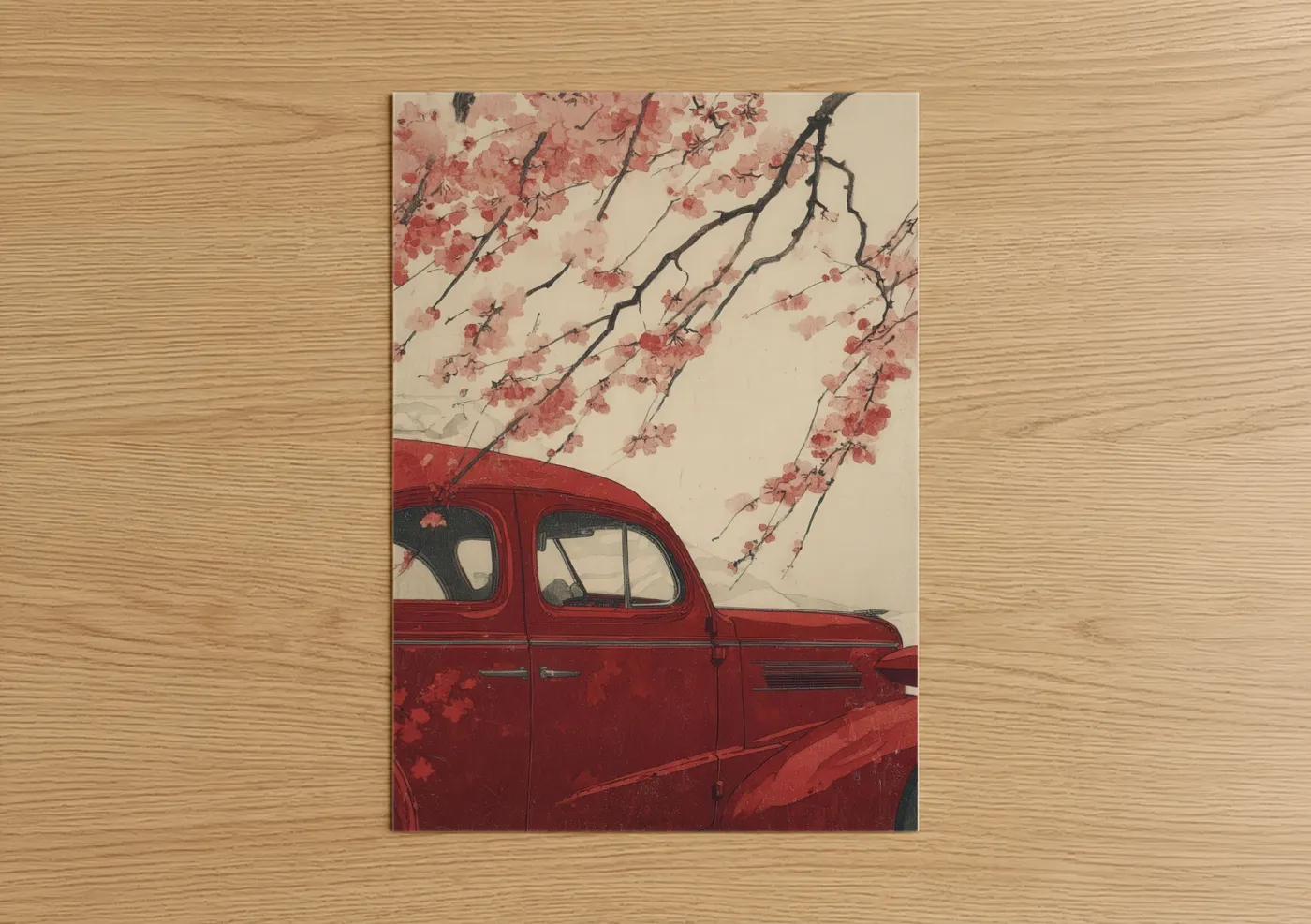 Classic car art print on warm oak wood — red and cream palette — Cherry Blossom Classic poster
