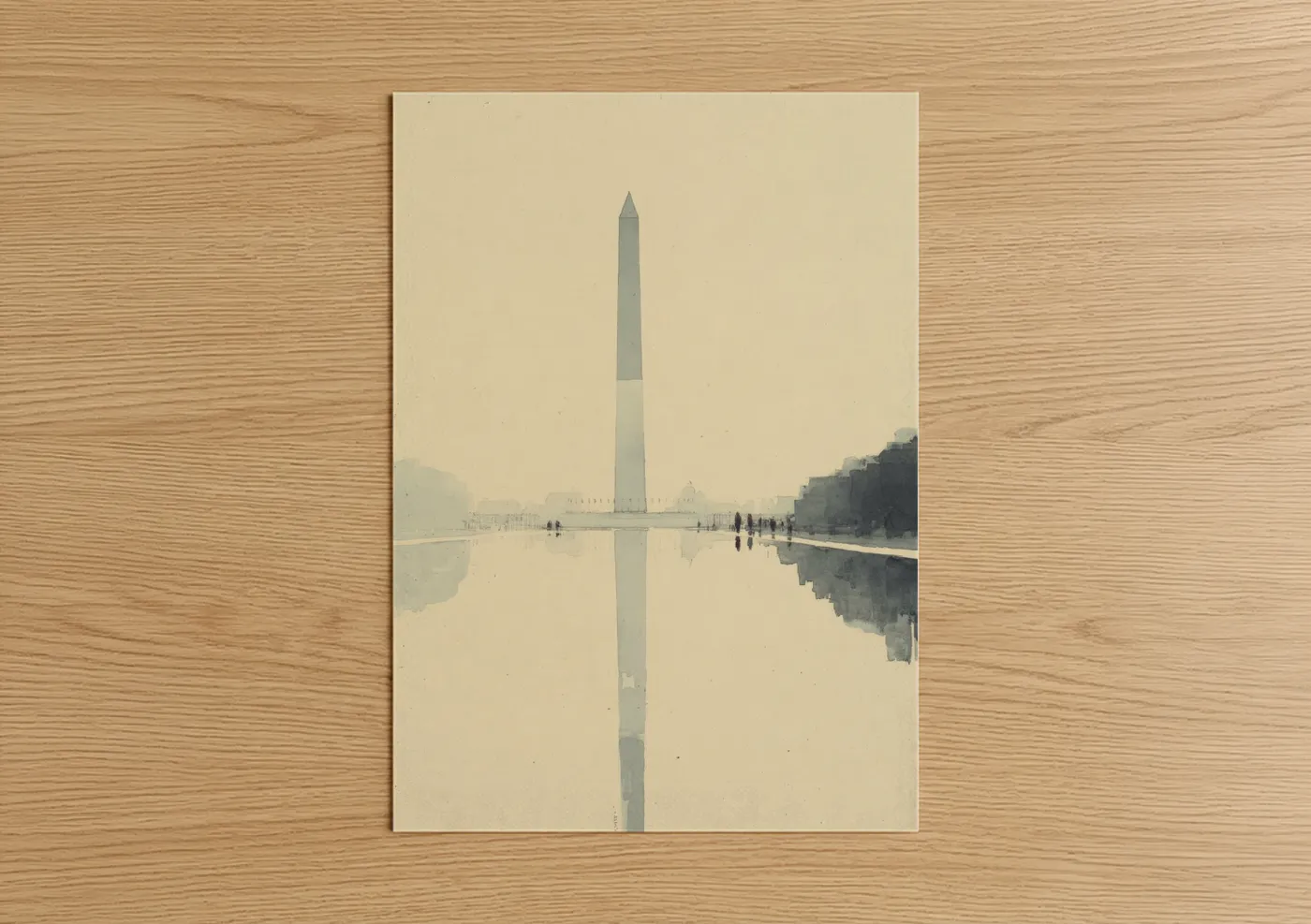 Washington monument art print on warm oak wood — cream and dove gray palette — Monument Reflection poster