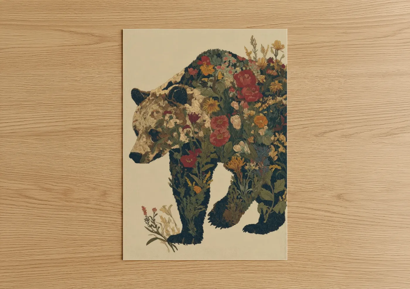 Grizzly bear art print on warm oak wood — cream and dark green palette — Wildflower Grizzly poster