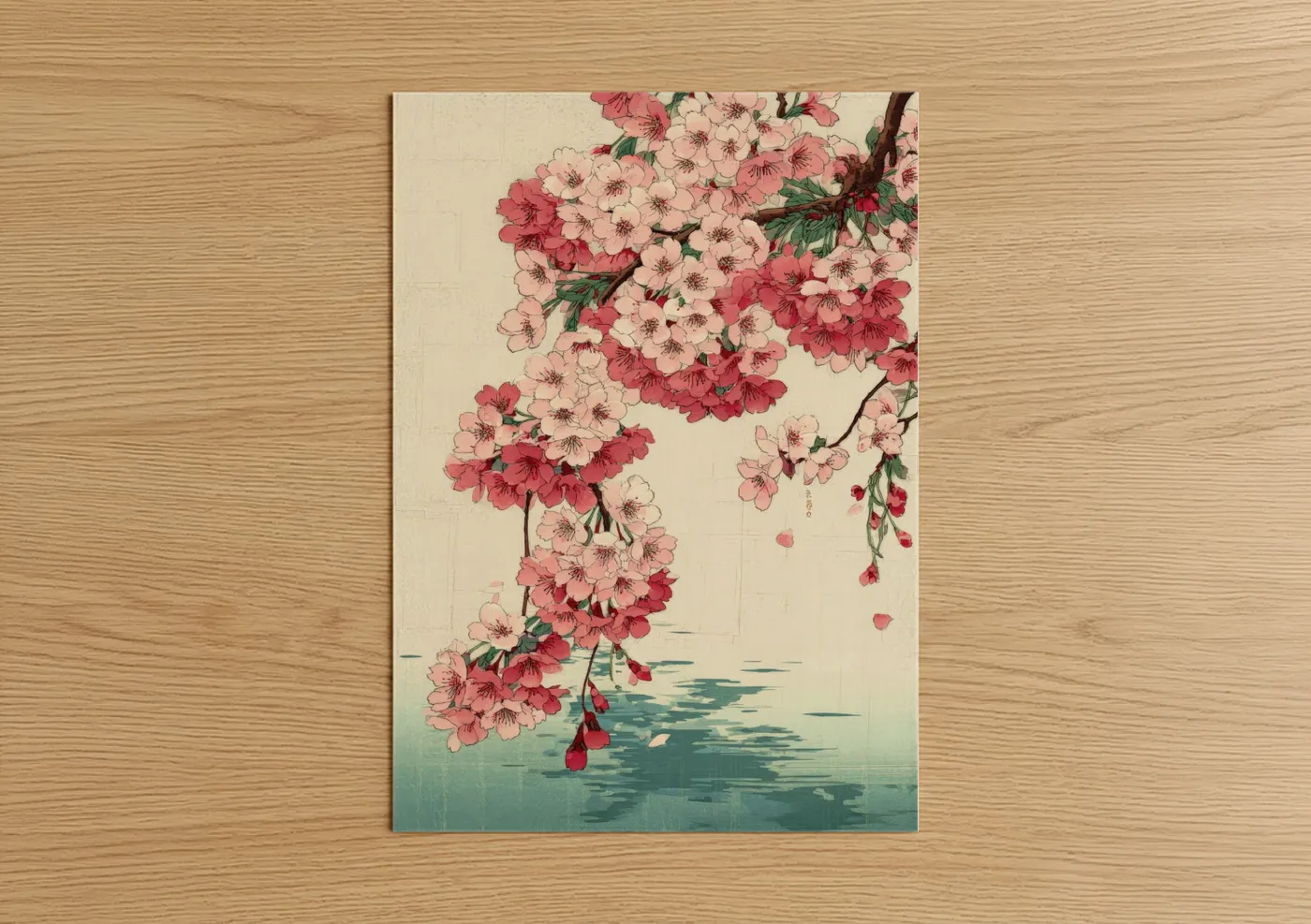 Cherry blossoms art print on warm oak wood — pink and cream palette — Cherry Blossom Cascade poster
