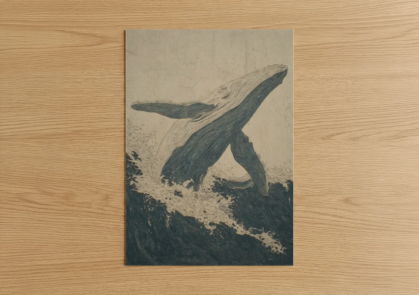 Breaching Whale Woodcarving Print Wall Art