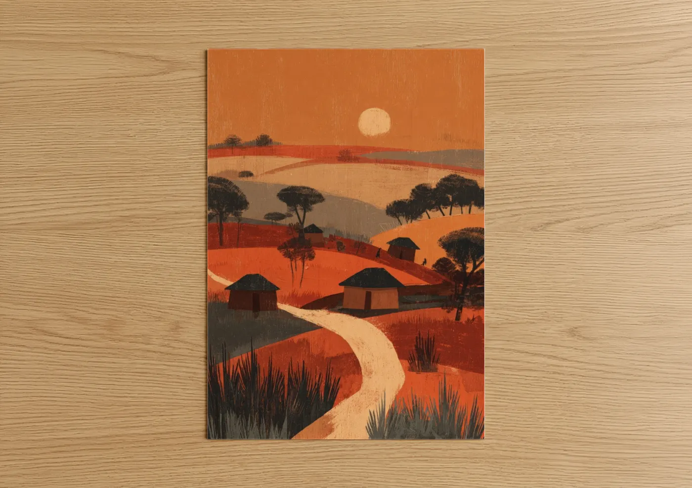 Warm Sunset Village Illustration Wall Art