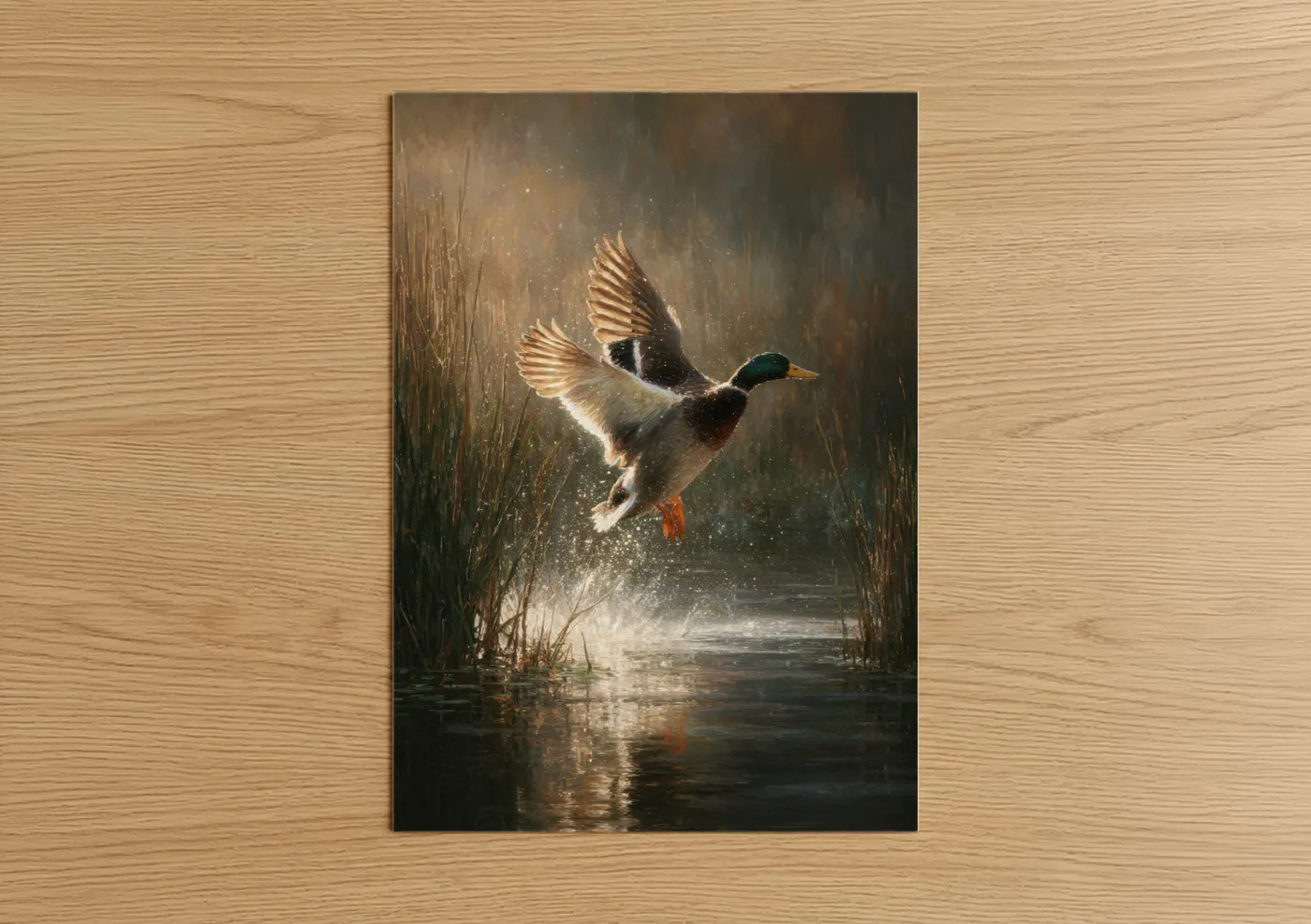 Ducks art print on warm oak wood — gold and brown palette — Golden Duck Takeoff poster