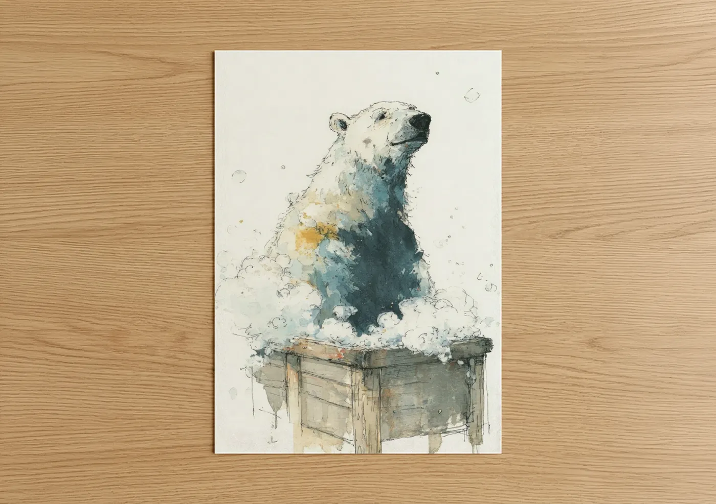 Polar bear art print on warm oak wood — blue and white and gold palette — Snowy Bear Portrait poster